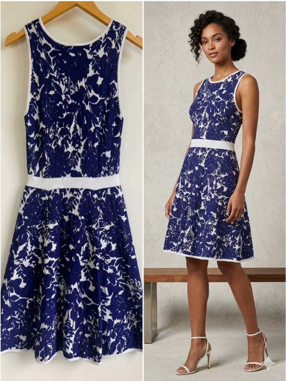 Ann Taylor Blue White Floral Sweater Dress XSP Petite Fit Flare Textured Knit